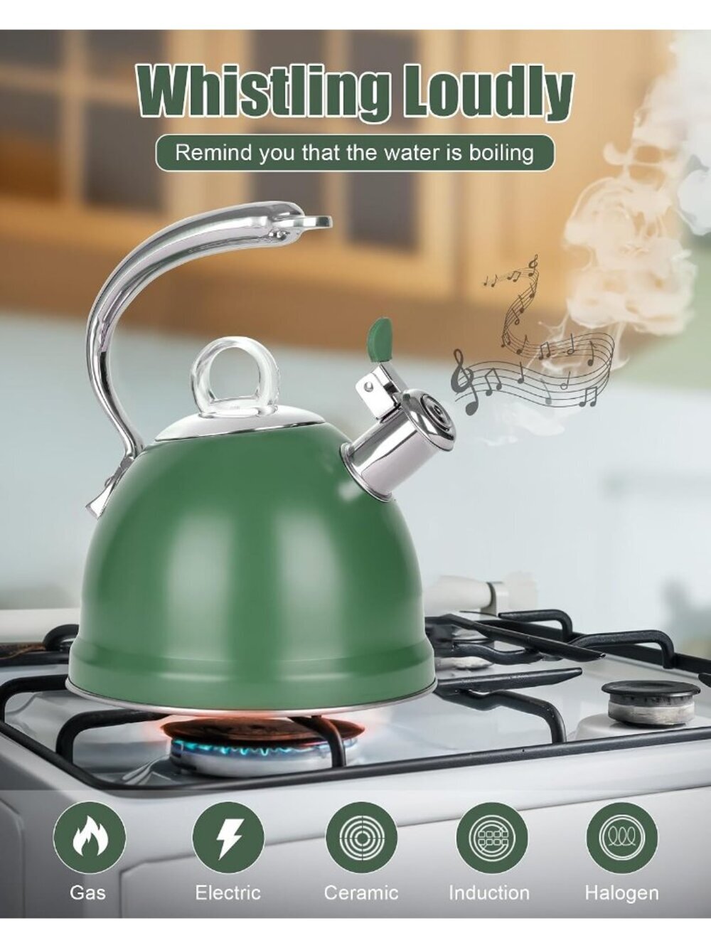 2.5 Qt Stainless Steel Whistling Tea Kettle for Gas, Electric Induction Green - Picture 4 of 7